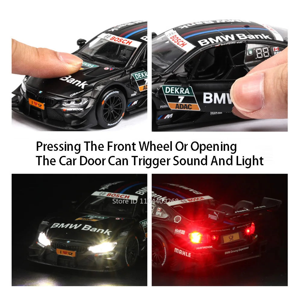 Sam's Toy World 1:32 Scale BMW M4 DTM Car Model Toy Doors Opened Metal Diecast Music Light Pull Back Racing Cars Models Toys Kids Hobby Gifts