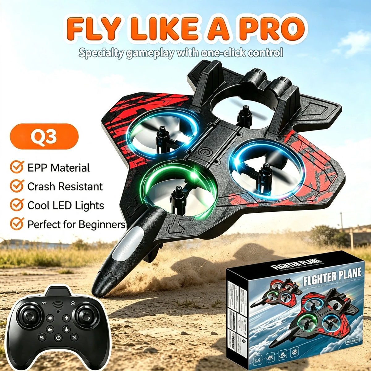Samstoy.in RC Fighter Plane Drone EPP Anti-Collision Foam Remote Control Aircraft With LED Lights One Key Takeoff Stunt Quadcopters Toys