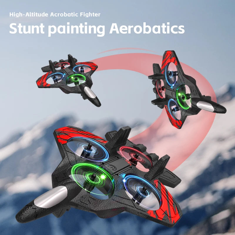 Samstoy.in RC Fighter Plane Drone EPP Anti-Collision Foam Remote Control Aircraft With LED Lights One Key Takeoff Stunt Quadcopters Toys