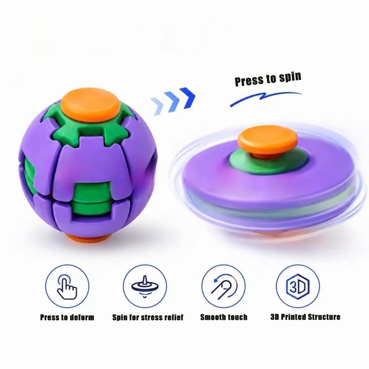 3D Printed Press-to-Spin Fidget BallOne Click Deform Fidget Spinner Ball, Smooth Rotating Stress Relief Sensory Toy