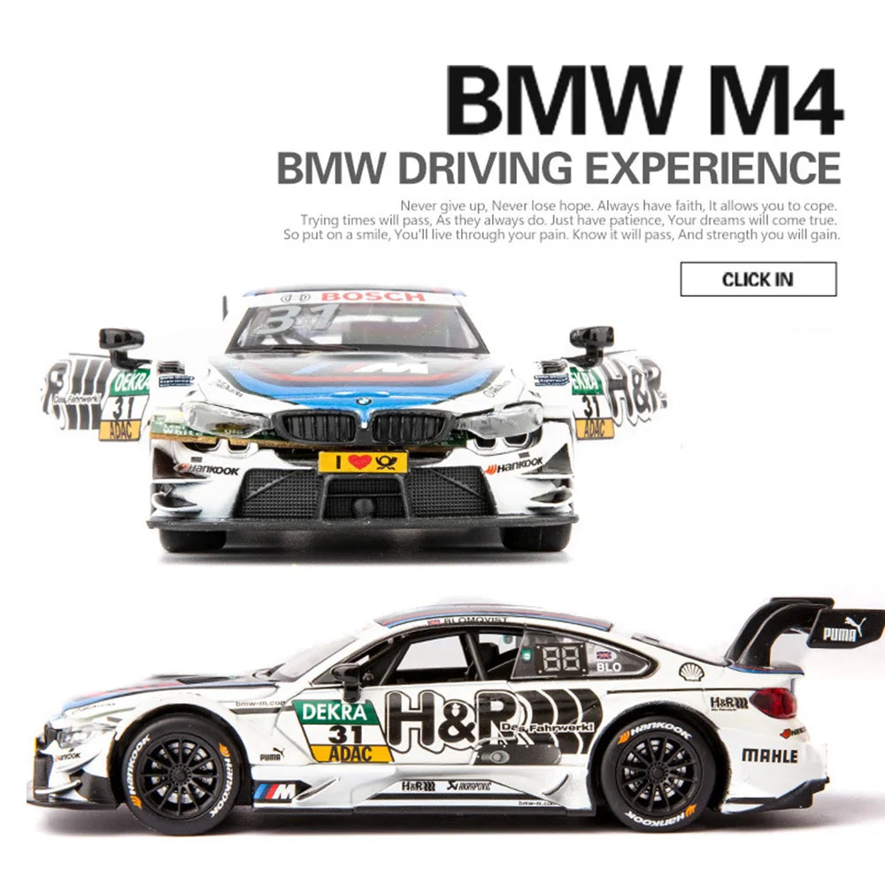 Sam's Toy World 1:32 Scale BMW M4 DTM Car Model Toy Doors Opened Metal Diecast Music Light Pull Back Racing Cars Models Toys Kids Hobby Gifts