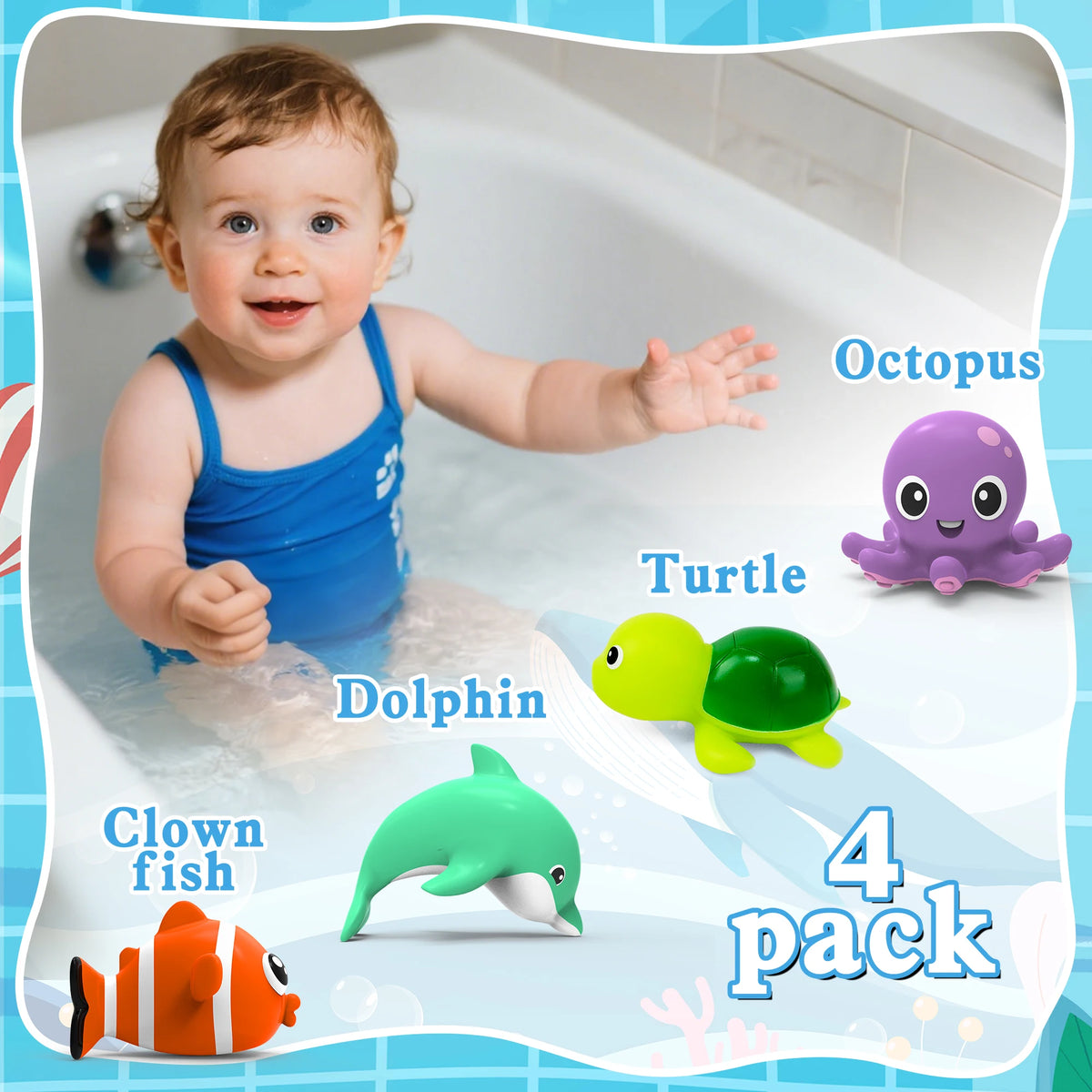 8pcs Mold-Resistant Sea Animal Bathtub Shower Toys Bathing Water Play Clockwork Toy for Kids Birthday Gifts