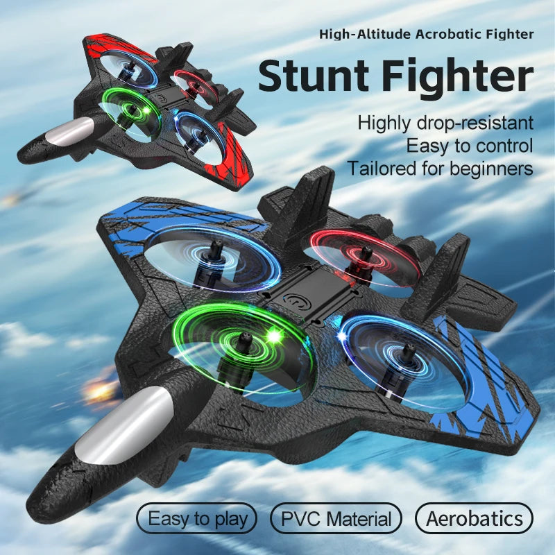 Samstoy.in RC Fighter Plane Drone EPP Anti-Collision Foam Remote Control Aircraft With LED Lights One Key Takeoff Stunt Quadcopters Toys