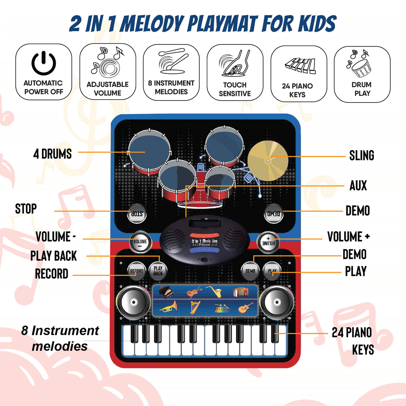 2-in-1 Musical Playmat for Kids Interactive Toy for All Kids Multi-Color Floor Playmat Piano Drum Mat Learn Play with Music Sams Toy World