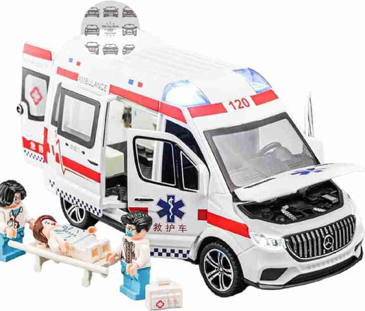 White ambulance van toy with lights and sound, featuring play figures and medical equipment for imaginative play