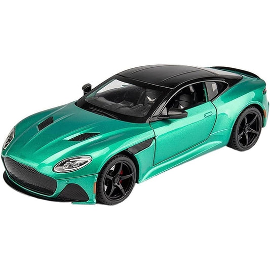 Aston Martin GT diecast car model in metallic green with black roof and sporty black alloy wheels