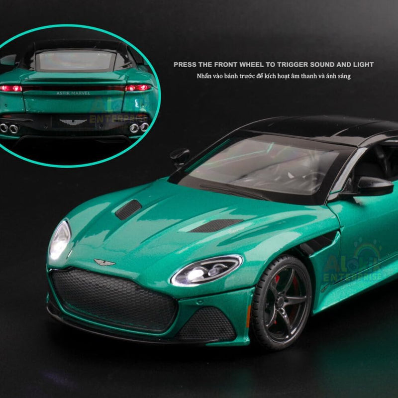 Aston Martin GT diecast car model green metallic coupe with black roof and detailed headlights inset rear view