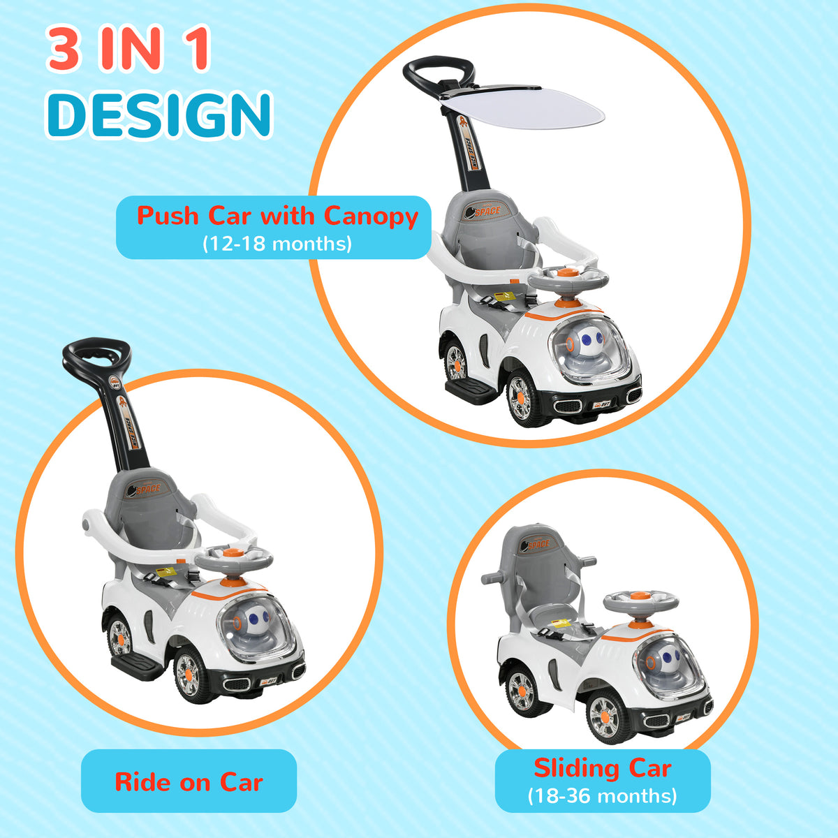3 In 1 Ride On Push Car, Cartoon Robot Theme Foot To Floor Slider W Handle Light Music Horn, Storage - White