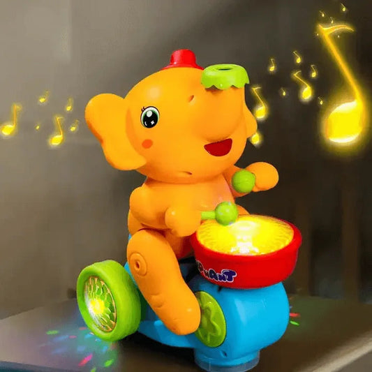Bright orange baby elephant toy musical and lights for 6 months to 4 years with glowing drum and colorful wheels