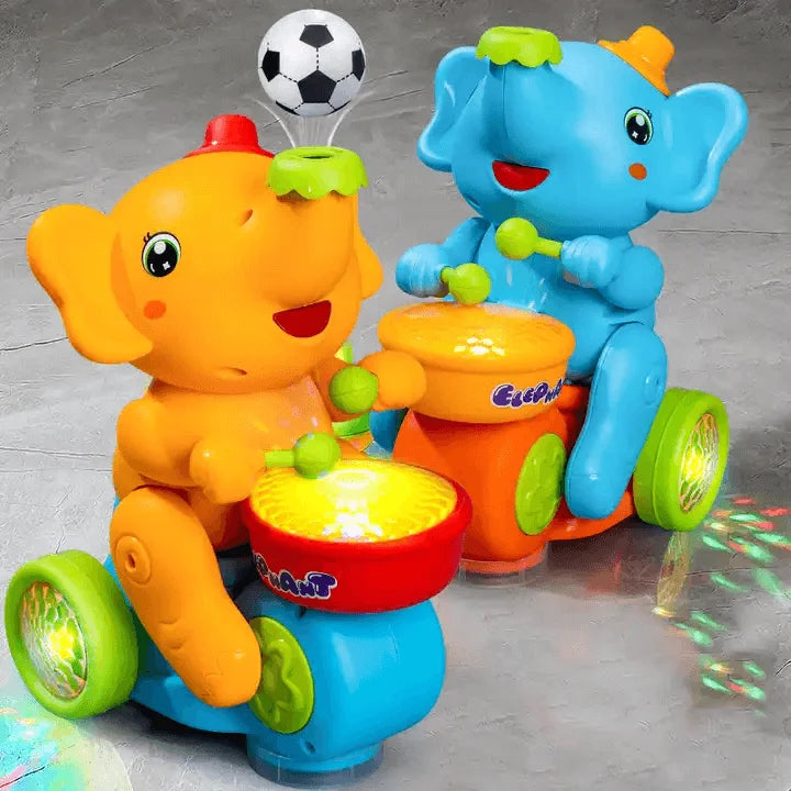Baby elephant toy musical and lights for 6 months to 4 years in bright blue and orange colors with drums and spinning ball