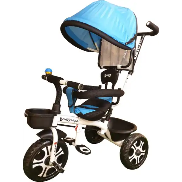 Baby tricycle with parental control make in Ahmedabad in blue and black with canopy and storage basket