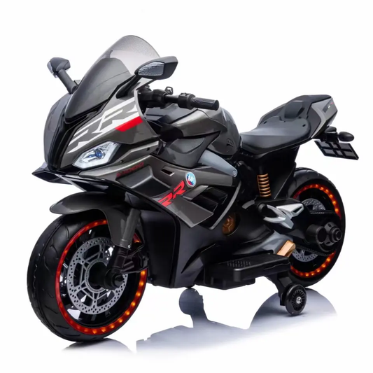 Black and gray battery operated bike Ahmedabad Gujarat with sporty design and illuminated wheels