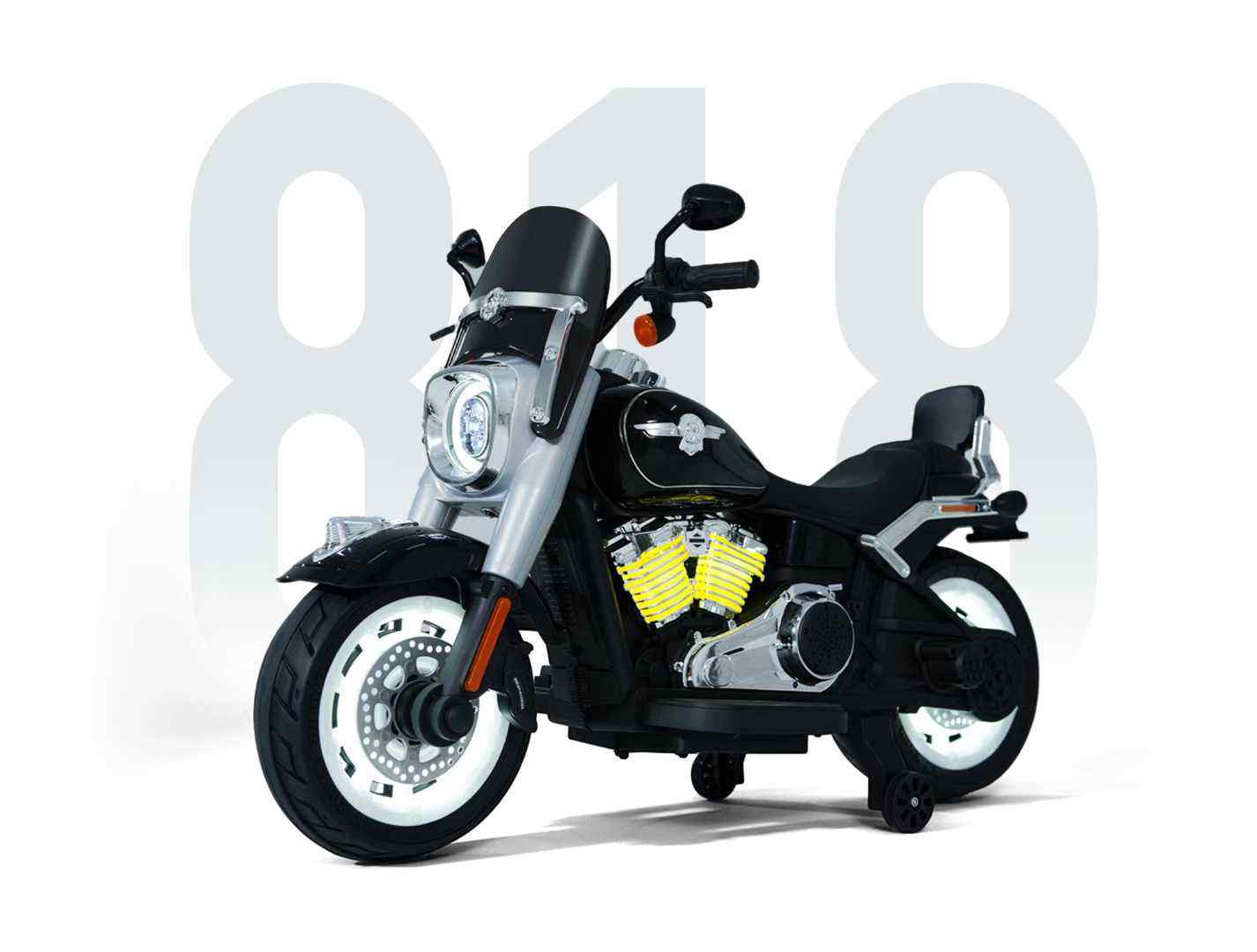 Black battery operated bike for kids Ahmedabad styled like a classic cruiser motorcycle with detailed design