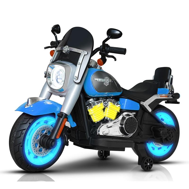 Blue and black battery operated bike for kids Ahmedabad with glowing wheels and realistic design