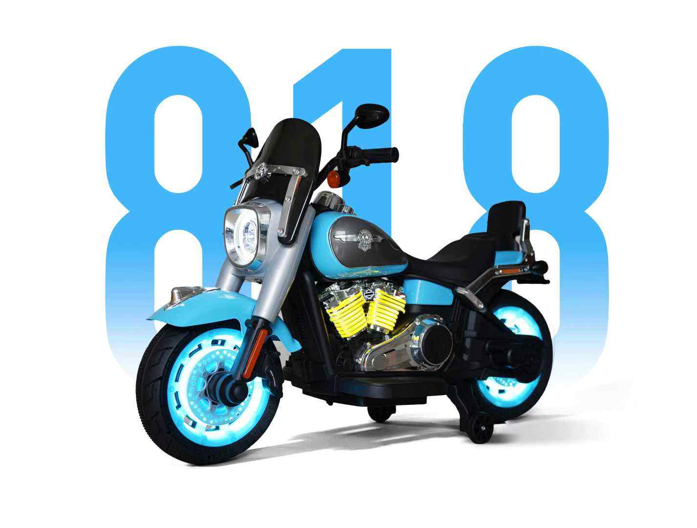Blue battery operated bike for kids Ahmedabad with realistic motorcycle design and LED light-up wheels