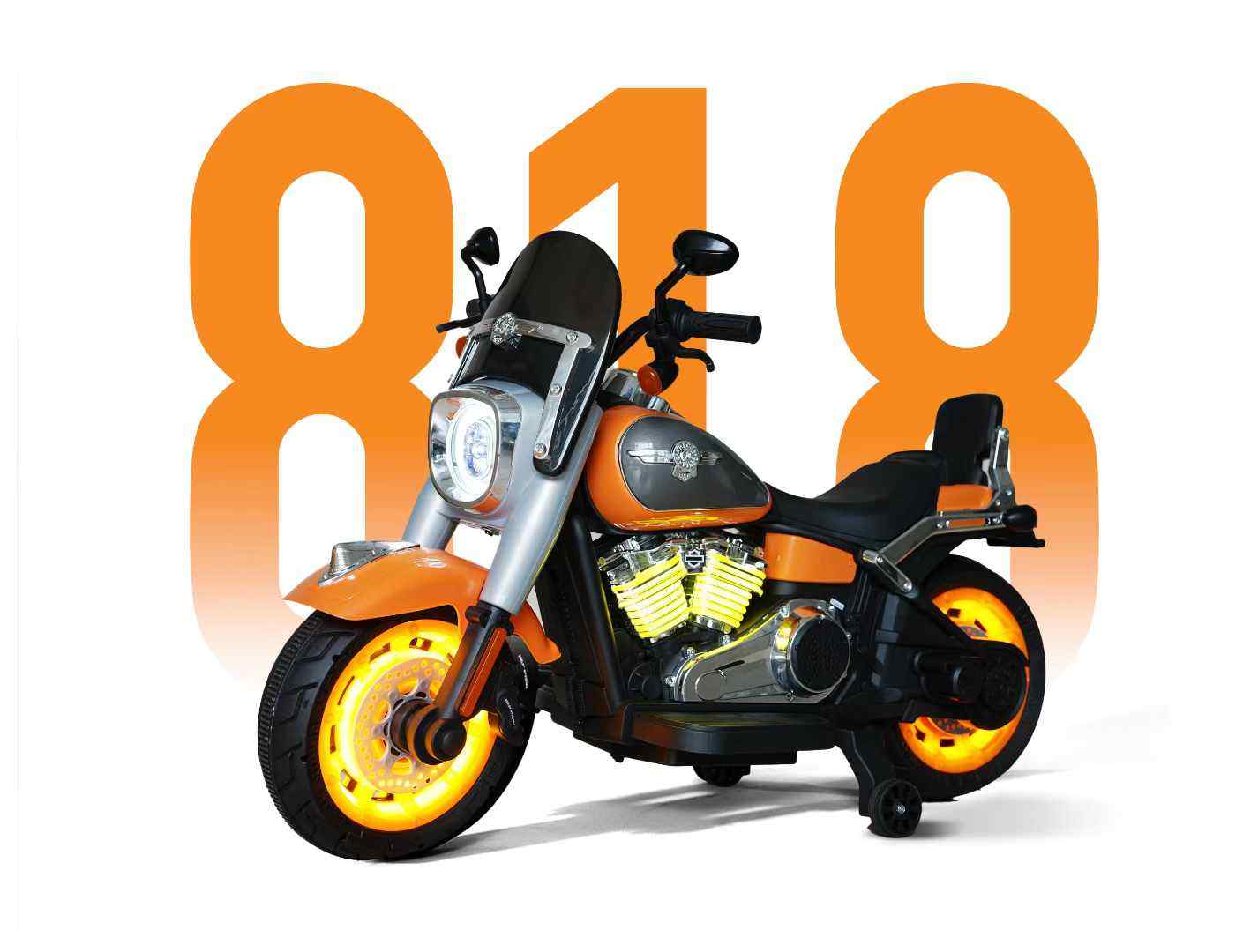 Orange and black battery operated bike for kids Ahmedabad with bright glowing wheels and detailed design