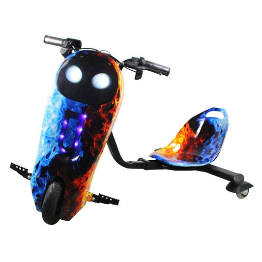 Battery operated drift scooter Ahmedabad Gujarat with fiery blue and orange design and LED lights for outdoor play