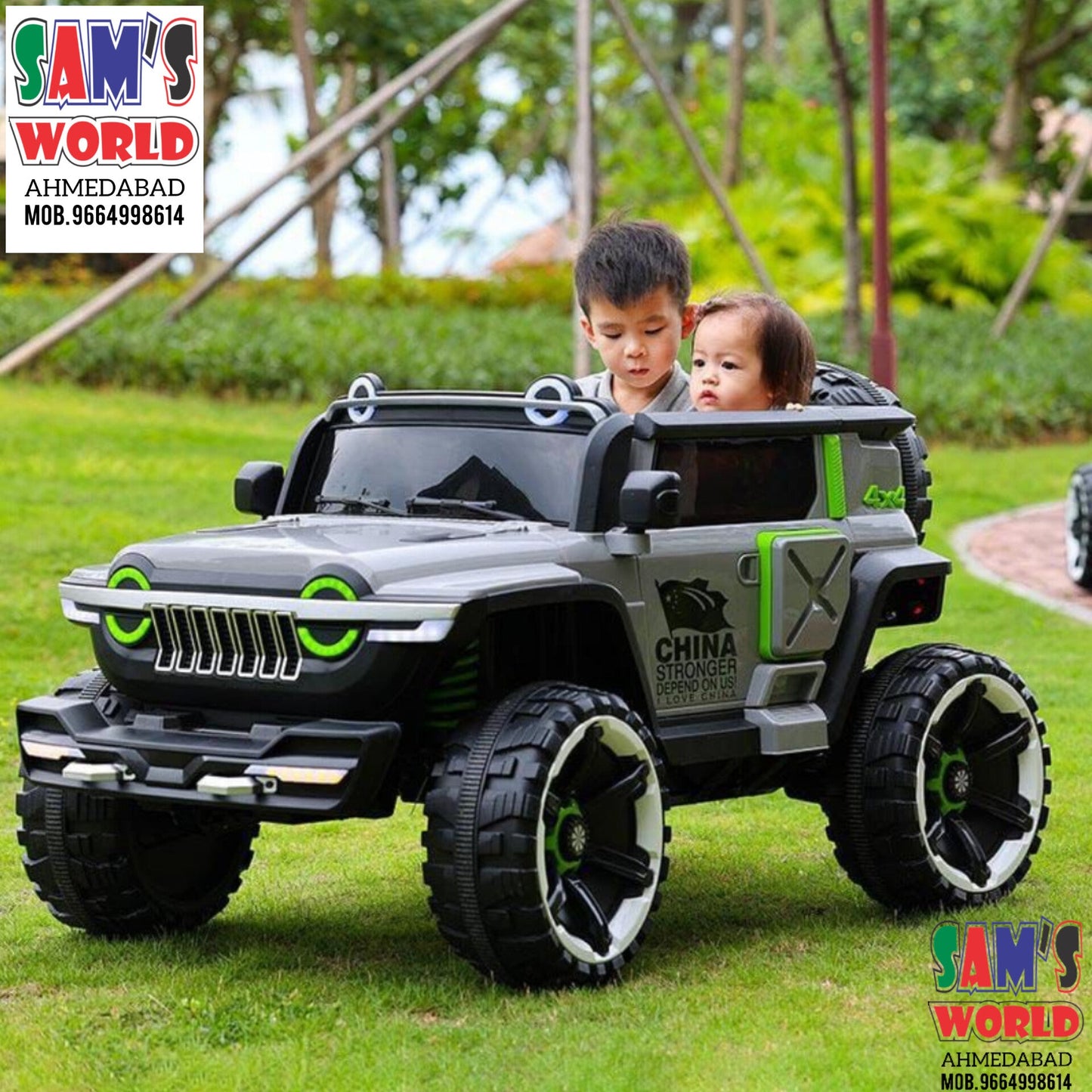 Battery operated heavy duty jeep for kids in Ahmedabad Gujarat, black with green accents, side view, perfect for outdoor fun