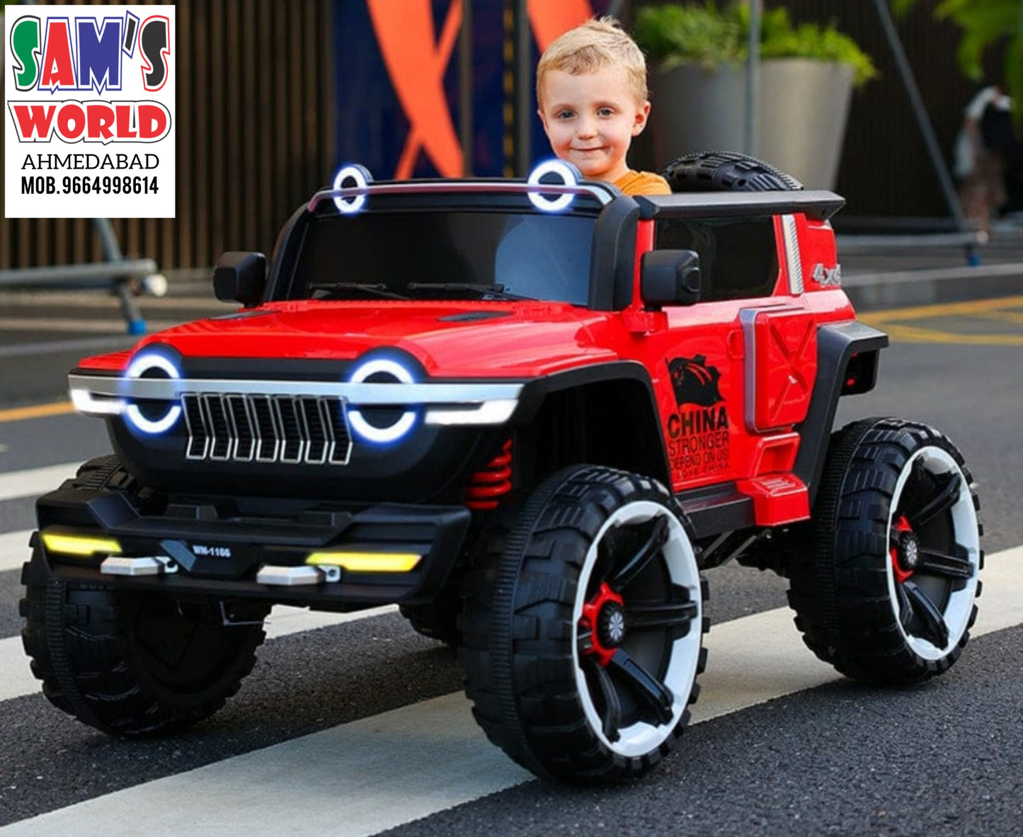 Red battery operated heavy duty jeep for kids in Ahmedabad Gujarat, side view, ideal for outdoor play