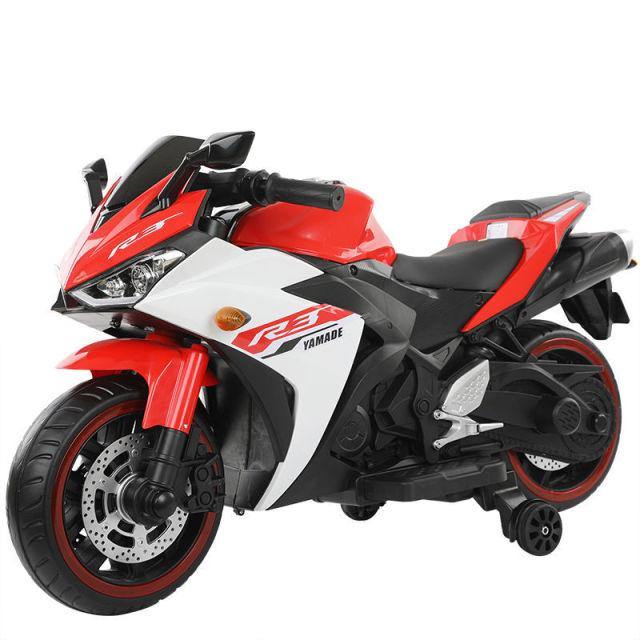 Red and white battery operated kids motorcycle toy with realistic design and features