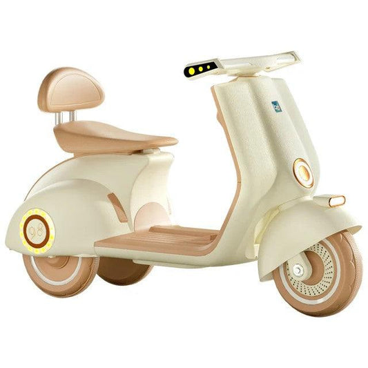 Battery operated kids scooter Ahmedabad Gujarat India in cream and tan colors with comfortable seat and modern design