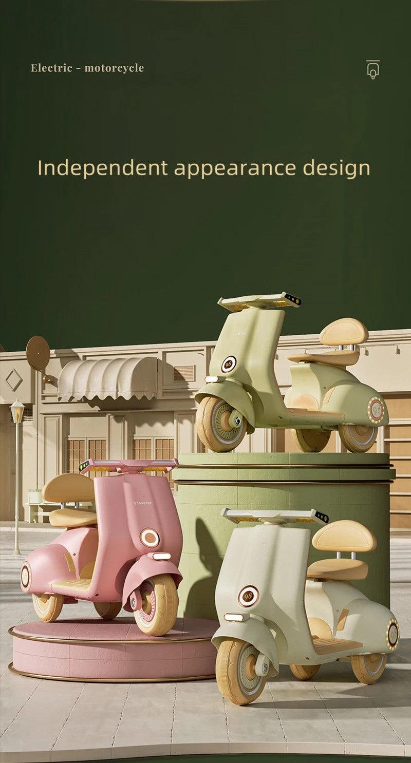 Battery operated kids scooter Ahmedabad Gujarat India in pastel green pink and white colors with retro design