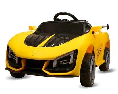 Yellow battery operated ride on car for kids near me Gujarat with sleek sporty design and black detailing