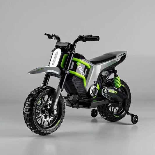 Battery operated two wheeler bike for children Ahmedabad Gujarat with black and green design and training wheels