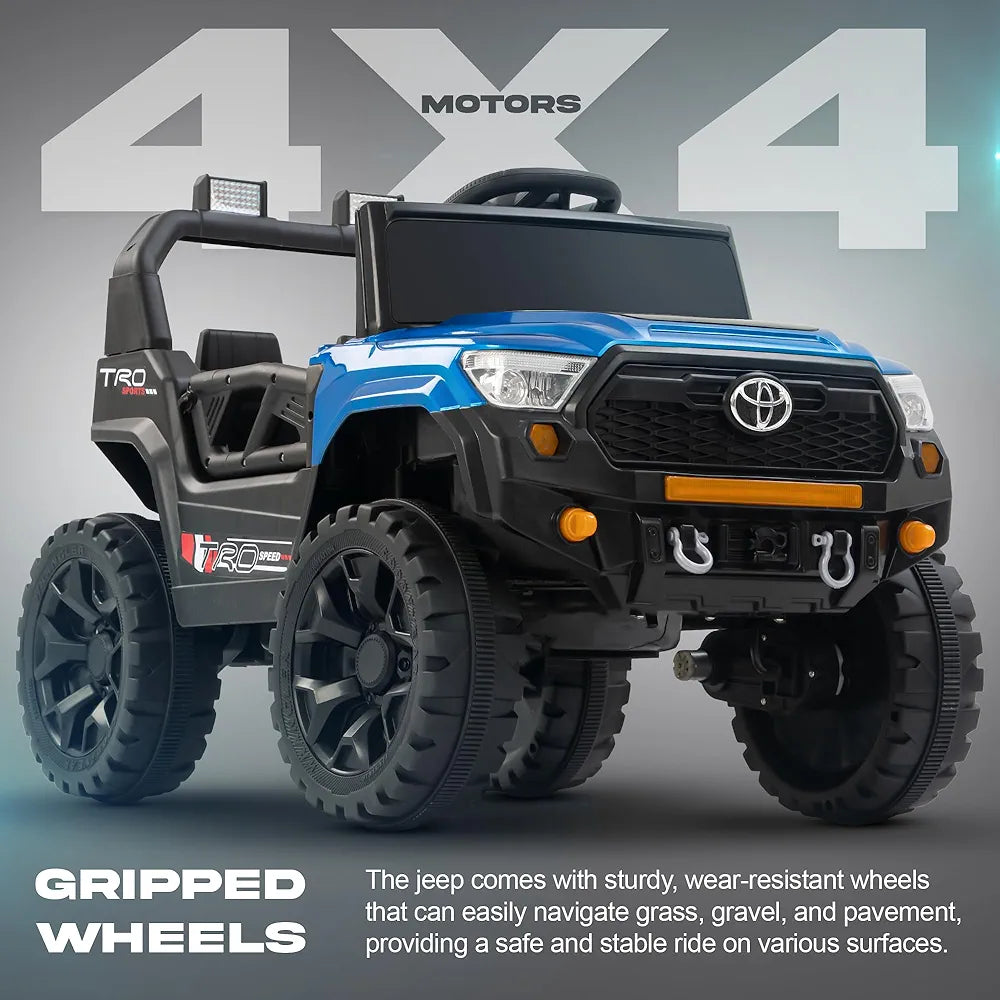 Blue toy jeep with gripped wheels and winch 4x4 off-road ride on vehicle for kids in Ahmedabad Gujarat online India