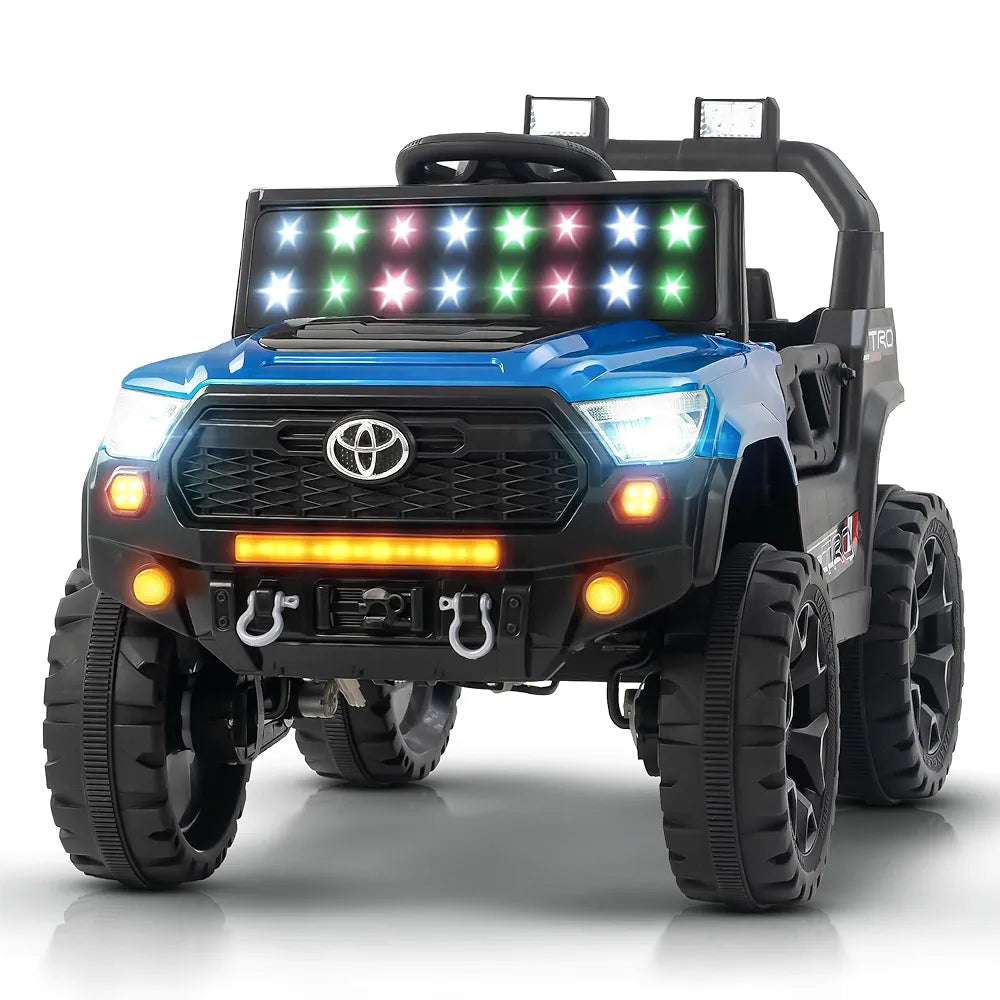 Blue toy Toyota style 4x4 off-road ride on vehicle for kids in Ahmedabad Gujarat online India with LED lights large tires winch