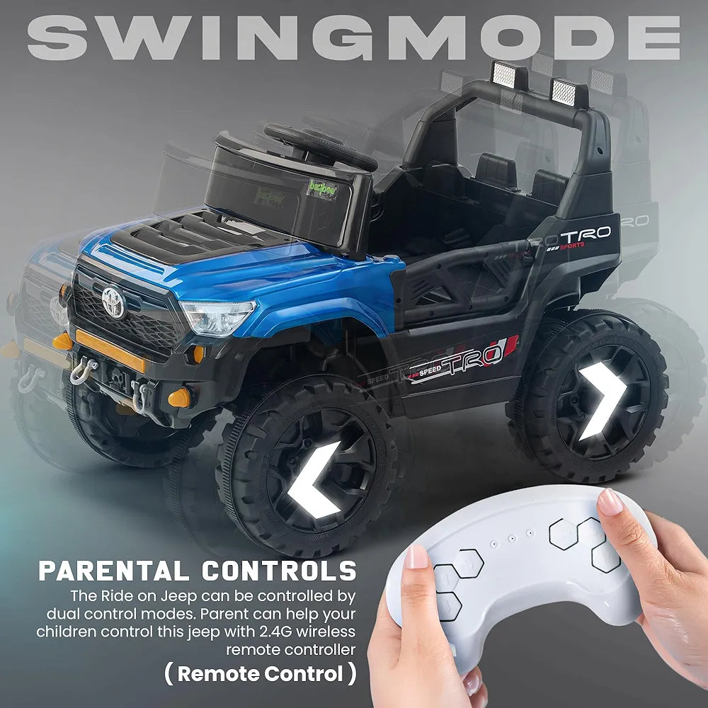 Blue toy jeep with remote control and big tires 4x4 off-road ride on vehicle for kids in Ahmedabad Gujarat online India .