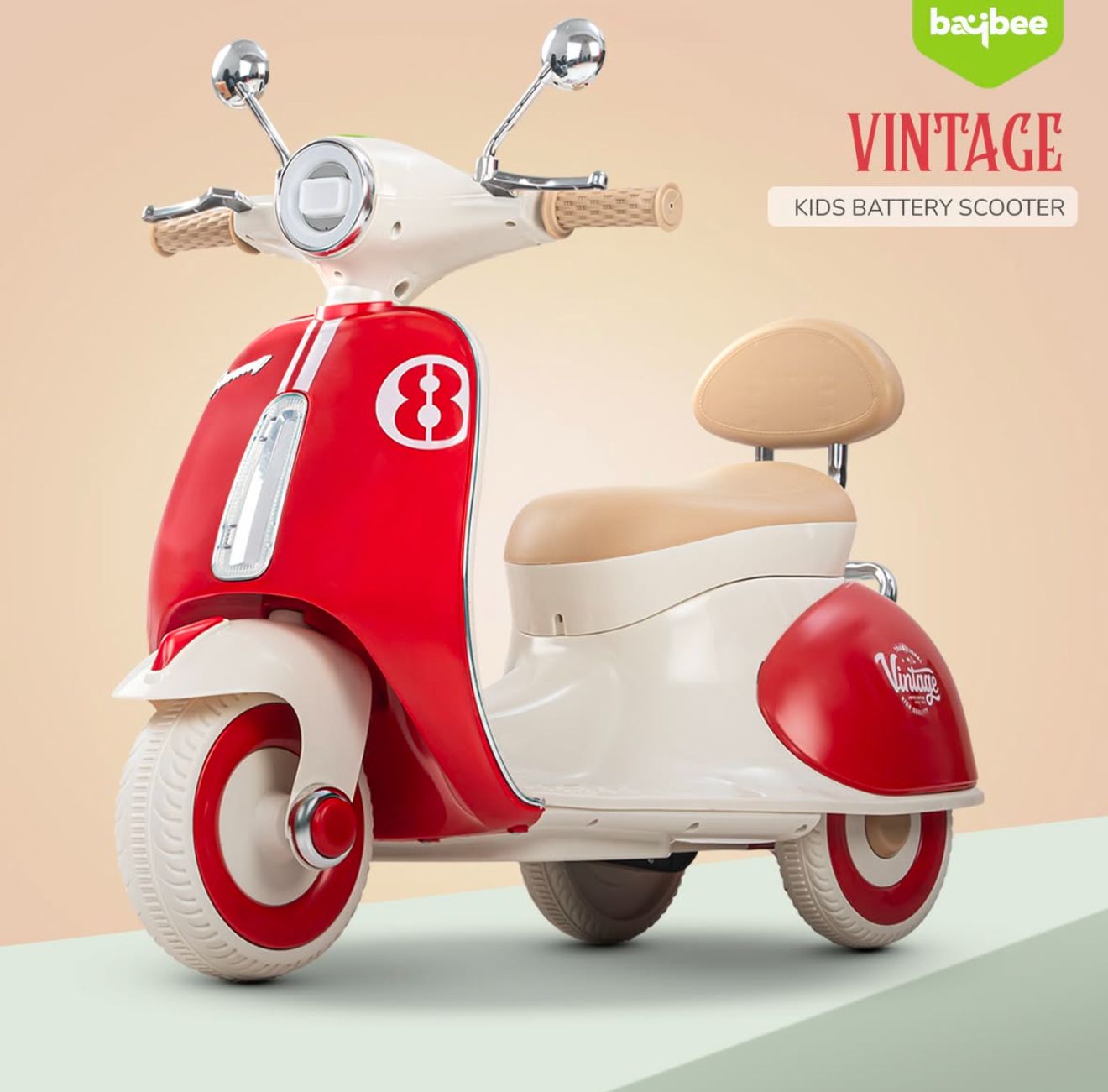 Vintage red kids battery electric scooter for kids at Sam's Toy World Ahmedabad with a beige seat