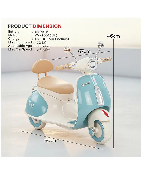 Blue and cream electric scooter for kids, side view, perfect for ages 1-5 years, maximum speed 2.5 MPH