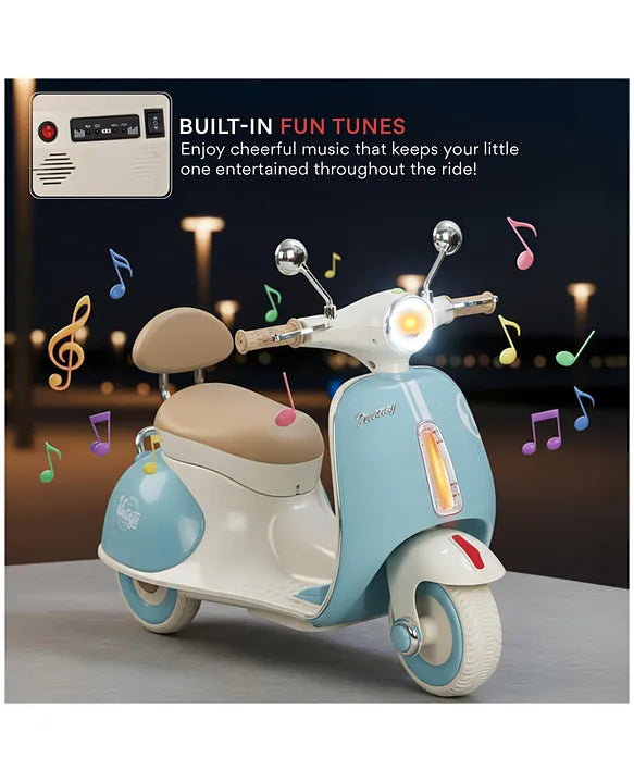 Blue and cream electric scooter for kids with built-in fun tunes, side view, for outdoor play