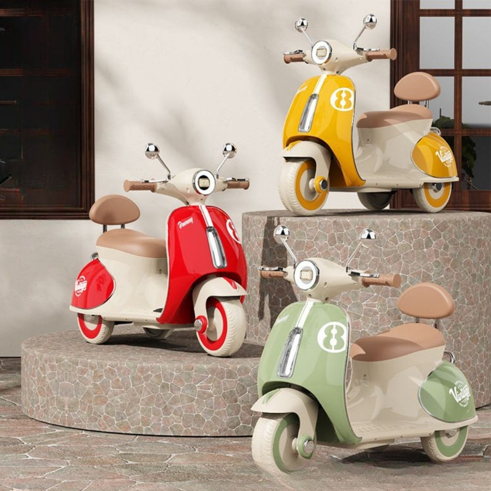 Colorful electric scooters for kids in red, cream, and green, side view, ideal for outdoor fun and play