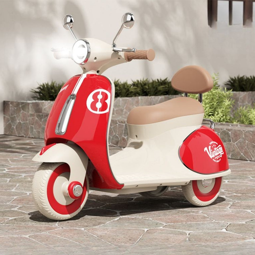 Red vintage electric scooter for kids, side view, perfect for outdoor fun and adventures