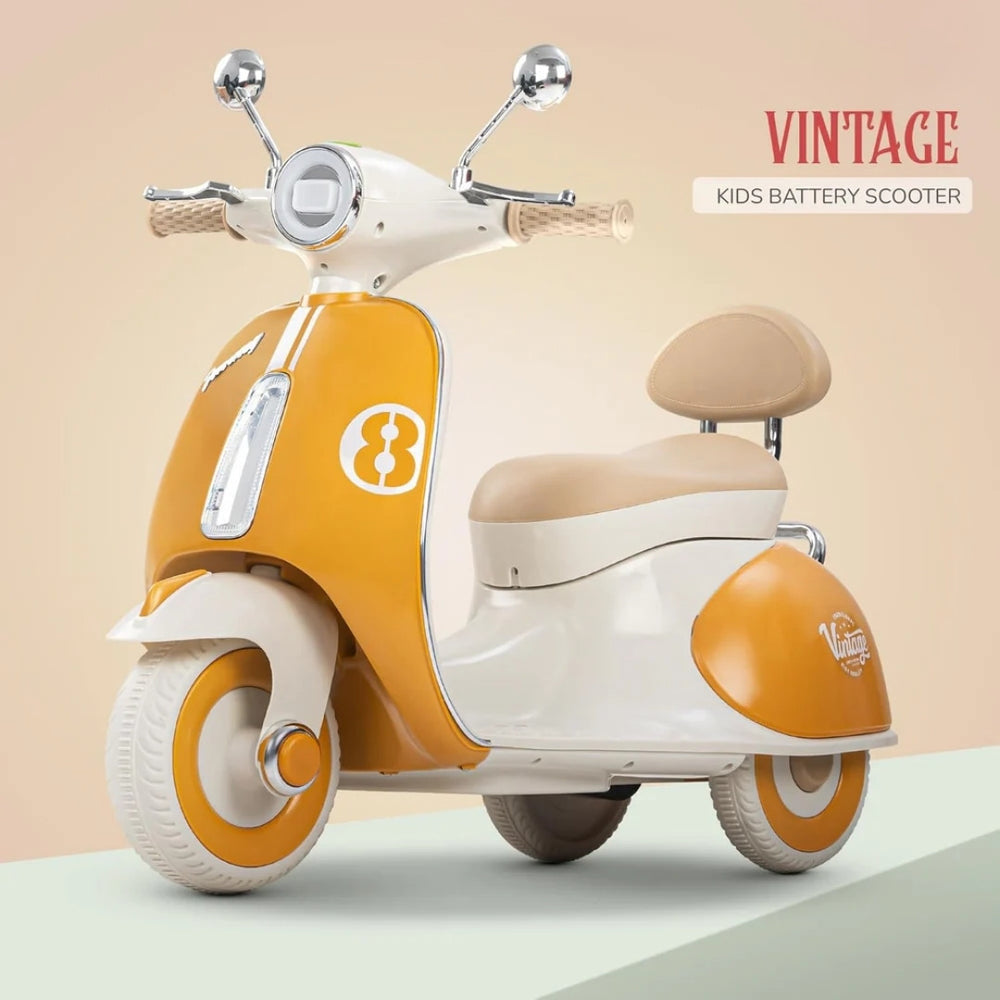 Vintage kids battery electric scooter for kids in orange and white, side view, perfect for outdoor fun
