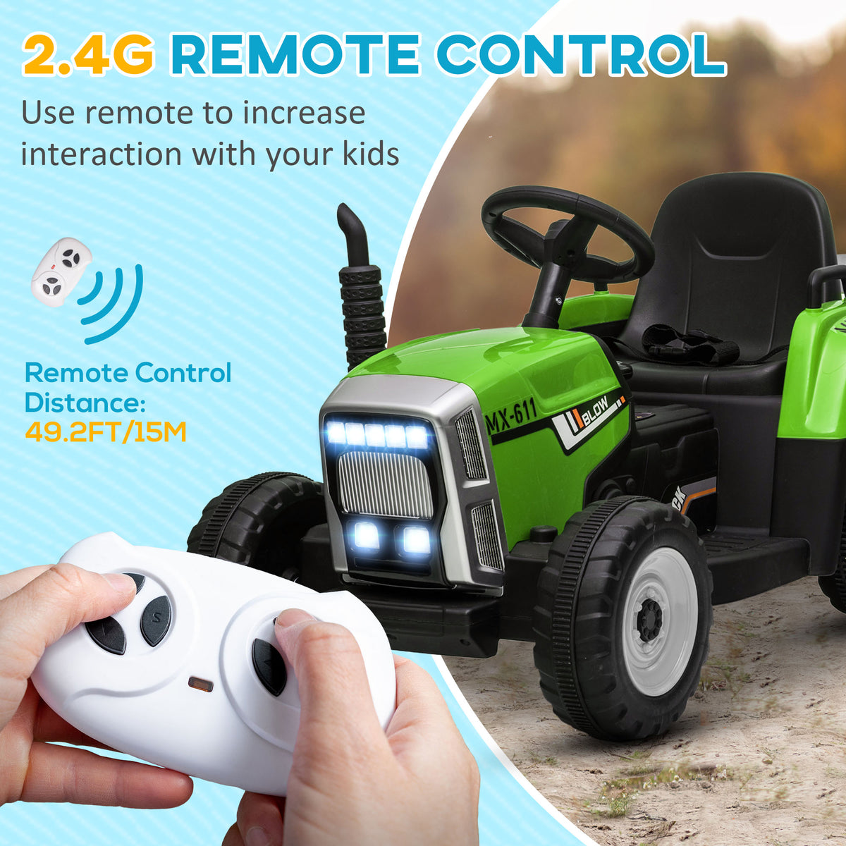 Ride On Tractor, Battery Powered Electric Car, With Detachable Trailer, Remote Control, Music - Green