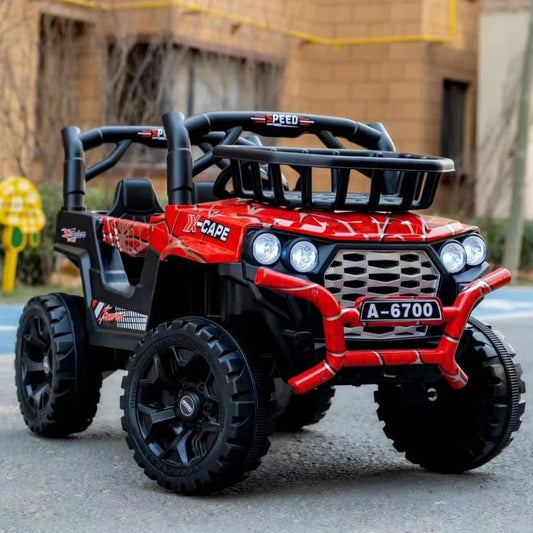 Red and black electric riding vehicle for kids resembling a jeep from samstoy.in best ride-on toys for kids 1-5 remote control jeep