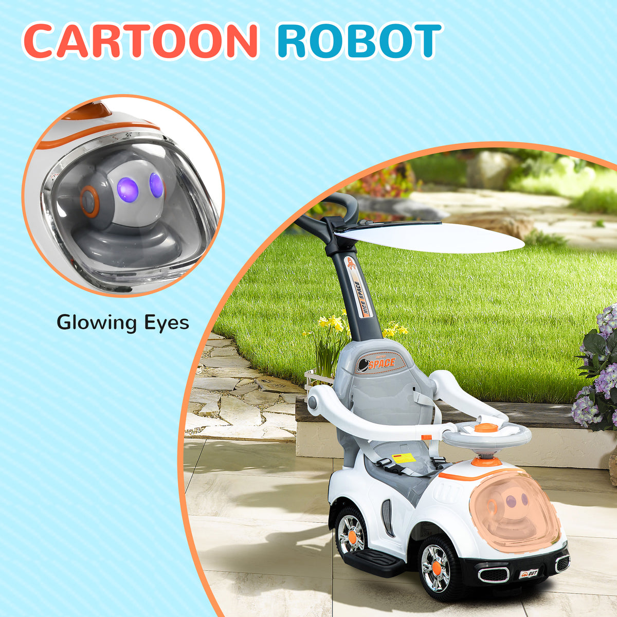 3 In 1 Ride On Push Car, Cartoon Robot Theme Foot To Floor Slider W Handle Light Music Horn, Storage - White