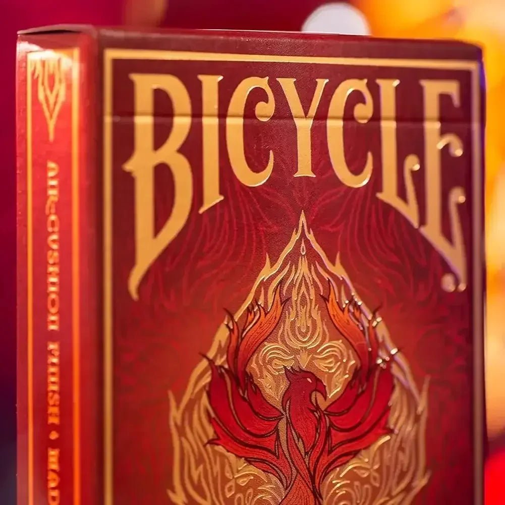 Bicycle themed board game box with fiery design, front view, ideal for games in playing cards enthusiasts