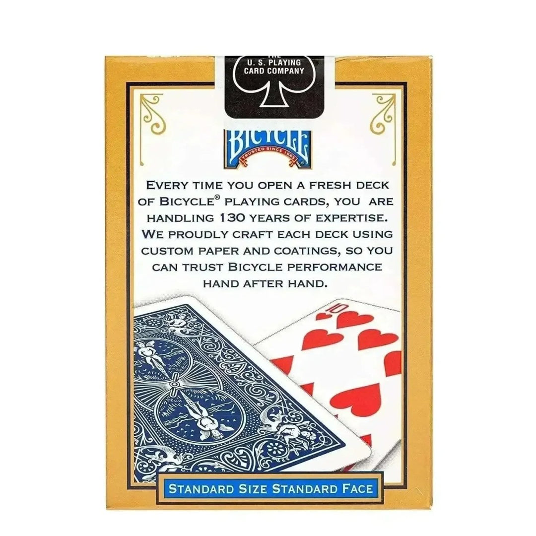 Bicycle standard playing card deck with blue and red designs, top view, ideal for games of playing cards