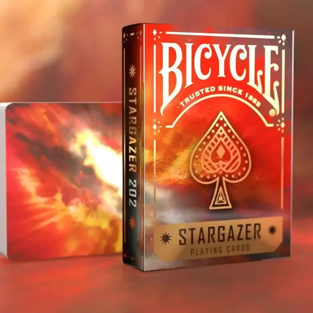 Bicycle Stargazer playing cards with vibrant red design, front view, perfect for gaming playing cards