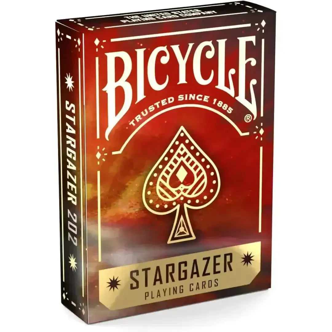 Bicycle Stargazer playing cards in vibrant red packaging, front view for gaming enthusiasts