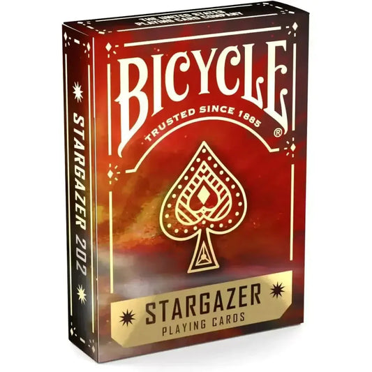 Bicycle Stargazer playing cards in vibrant red packaging, front view for gaming enthusiasts