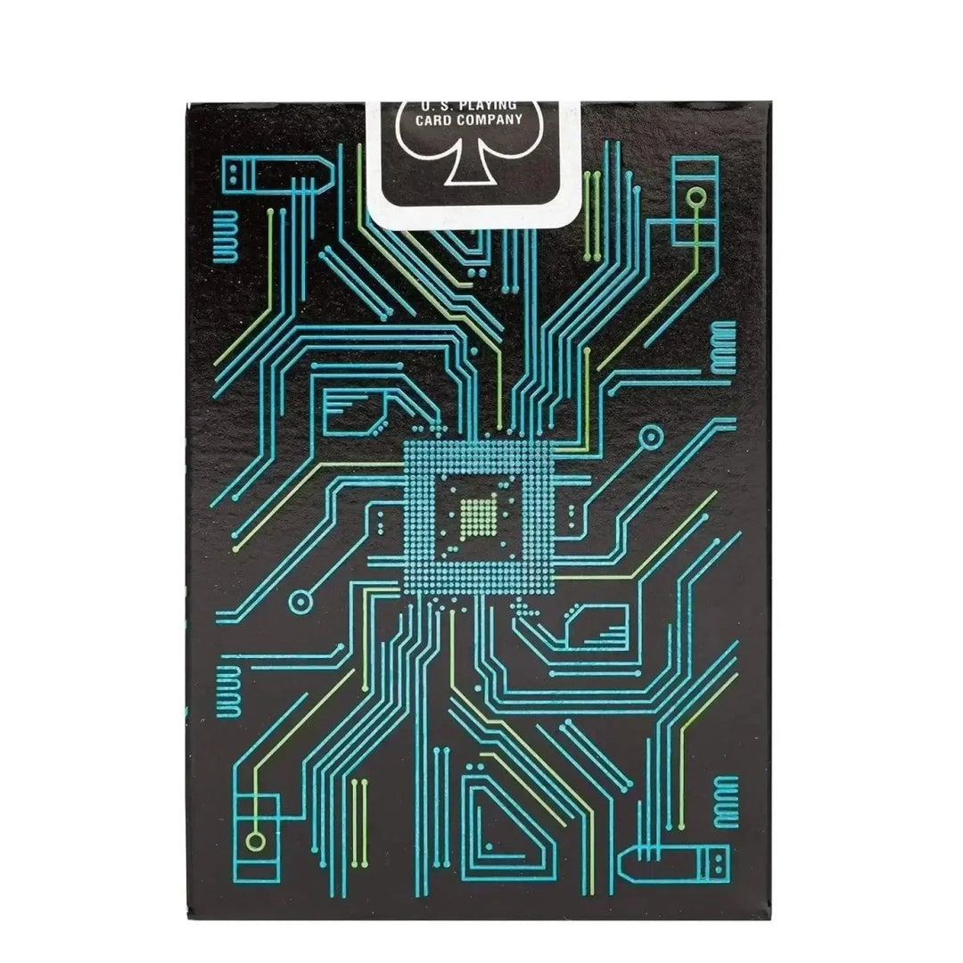 Black playing cards featuring circuit board design, front view, ideal for cards playing games