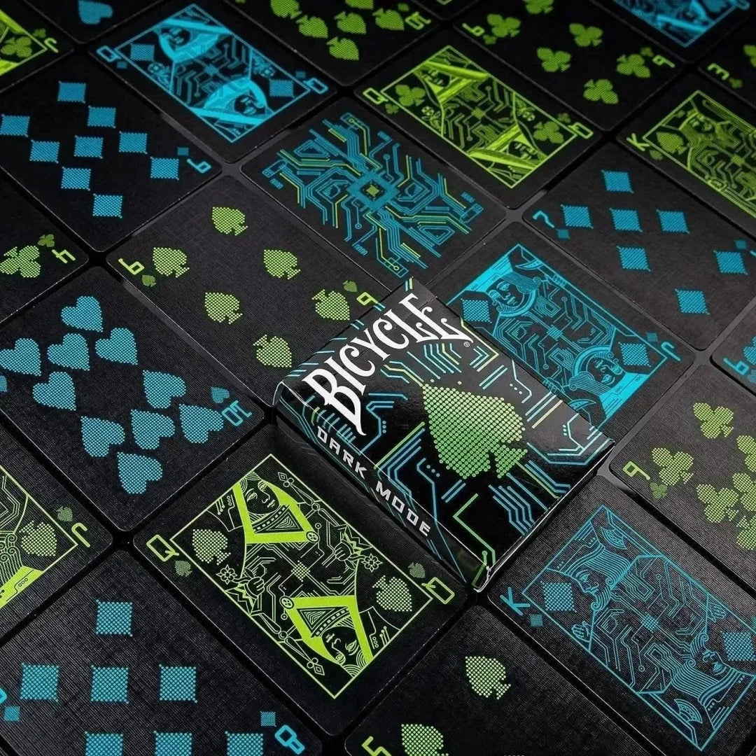 Bicycle Dark Mode deck of cards, vibrant blue and green designs, ideal for cards playing games