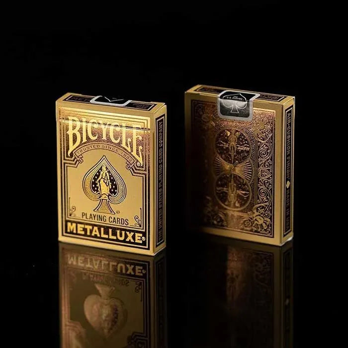 Bicycle Playing Cards MetalLuxe in gold with intricate design, side view for card games and tricks