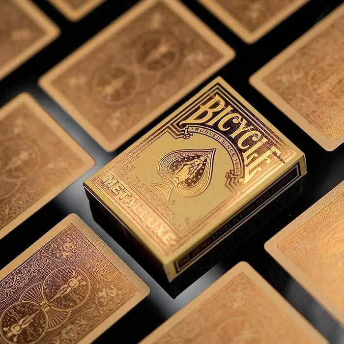 Gold Bicycle playing cards in metallic design, front view, perfect for card games and collectors