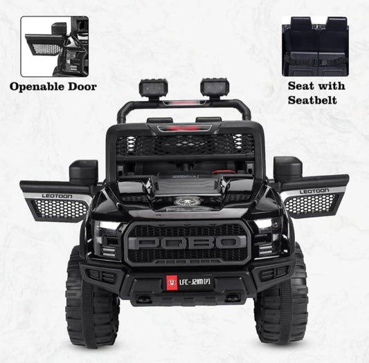 Black POBO Kids Ride On Jeep Sams World Ahmedabad with openable doors and seatbelt for safety